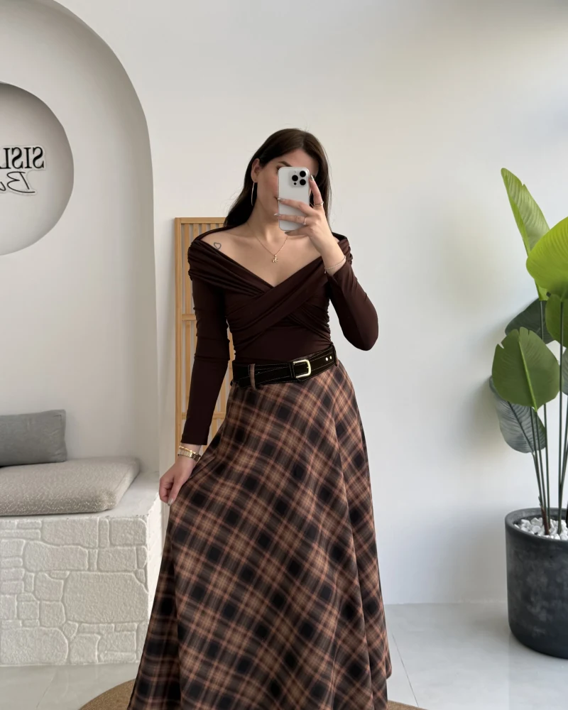 Sienna Ekose Desenli Kemerli Midi Boy Etek - Taş-Kahve - Kod: 9105