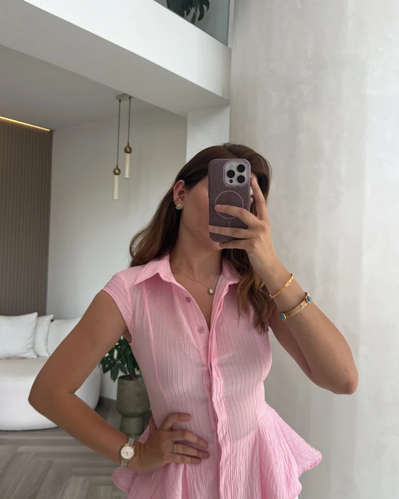 Simli Sıfır Kol Gömlek - Pembe - Kod: 2318