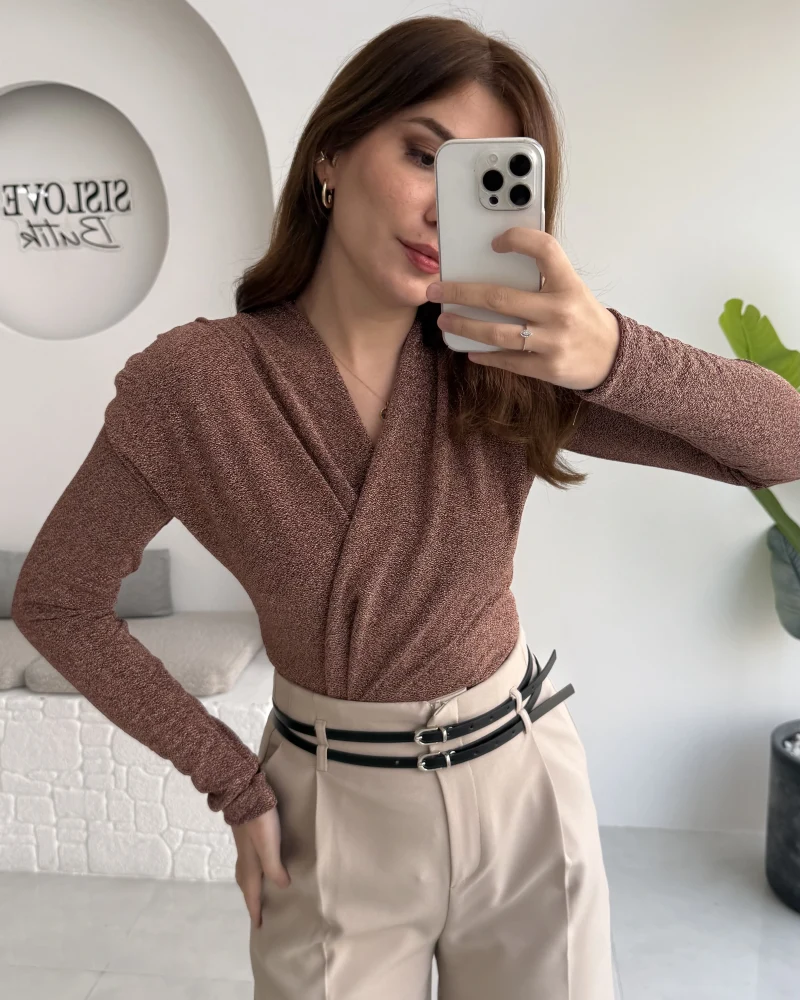 Simli Vatkalı Uzun Kol Zıbın Bluz - Bronz Kahve