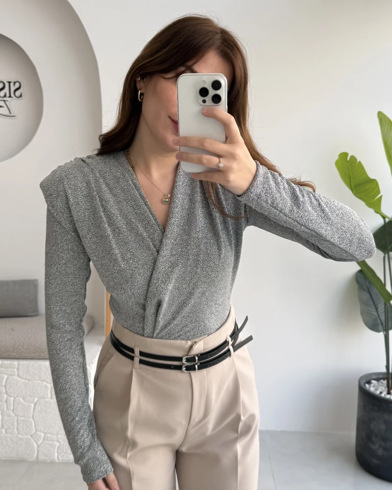 Simli Vatkalı Uzun Kol Zıbın Bluz - Gri