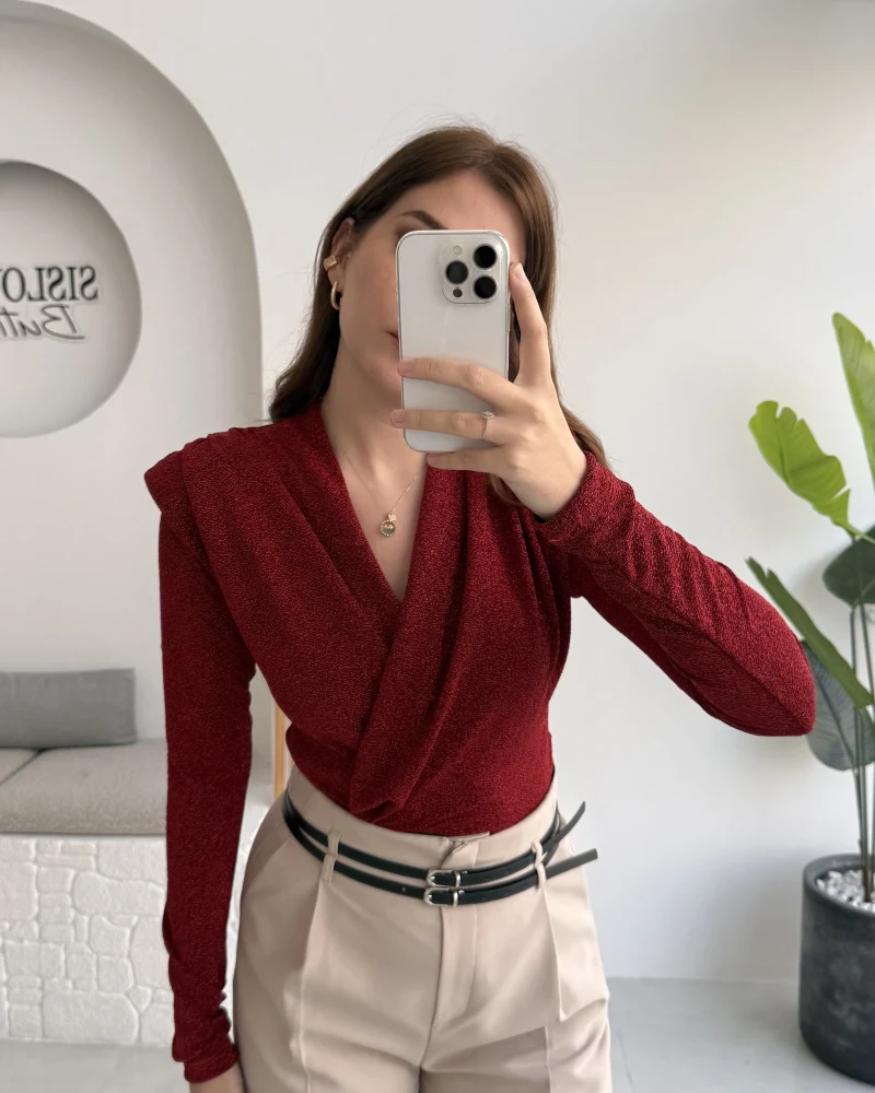 Simli Vatkalı Uzun Kol Zıbın Bluz - Kırmızı