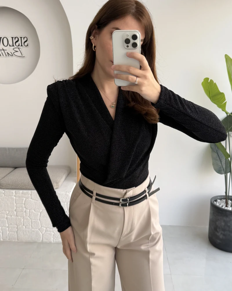 Simli Vatkalı Uzun Kol Zıbın Bluz - Siyah