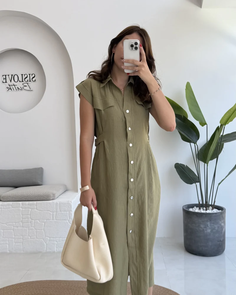 Sindy Kemer Detaylı Bürümcük Elbise - Haki - 6012