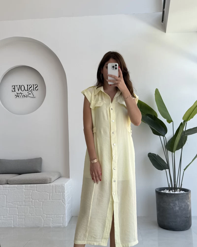 Sindy Kemer Detaylı Bürümcük Elbise - Sarı - 6012