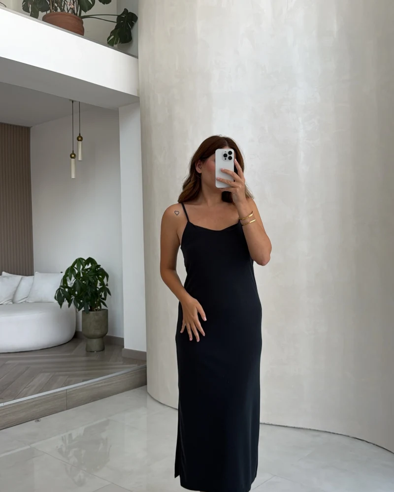Siyah Oys Askılı Yırtmaç Detay Elbise - Kod: 63941