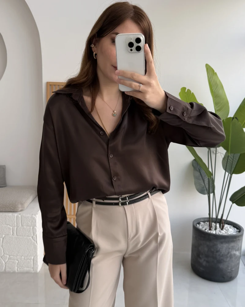 Sofia Dökümlü Saten Gömlek - Acı Kahve