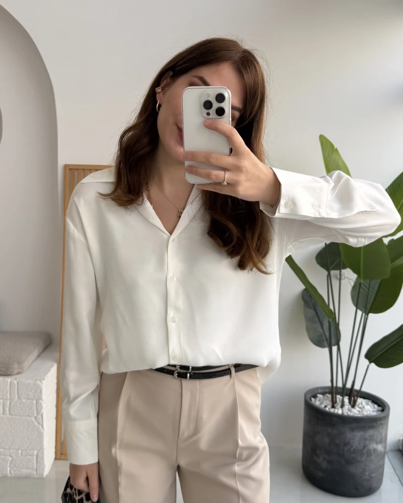 Sofia Dökümlü Saten Gömlek - Beyaz