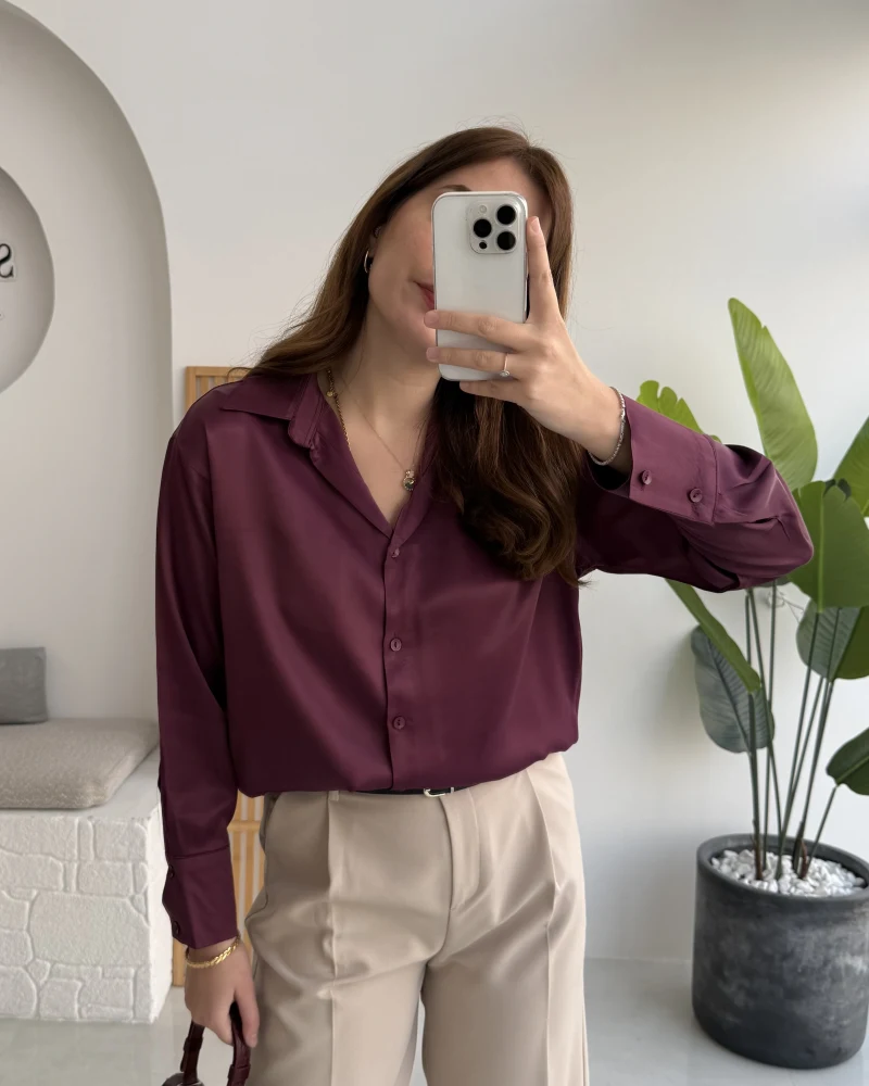 Sofia Dökümlü Saten Gömlek - Mürdüm