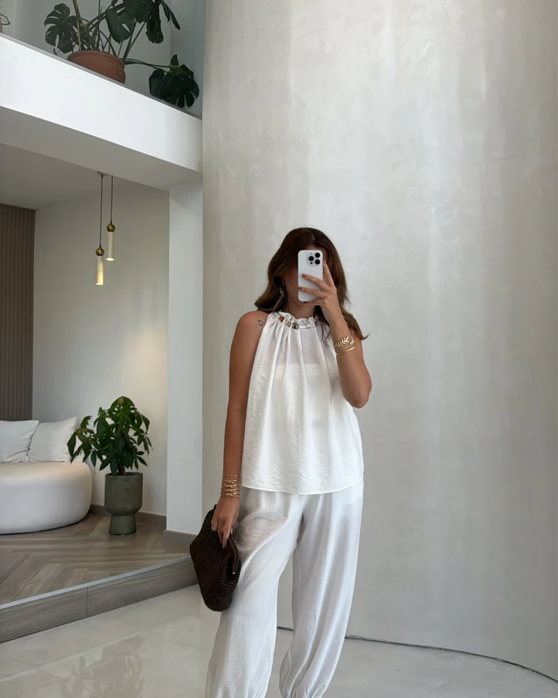 Soleil Yaka Aksesuarlı Çilek Takım - Ekru - Kod: 1088