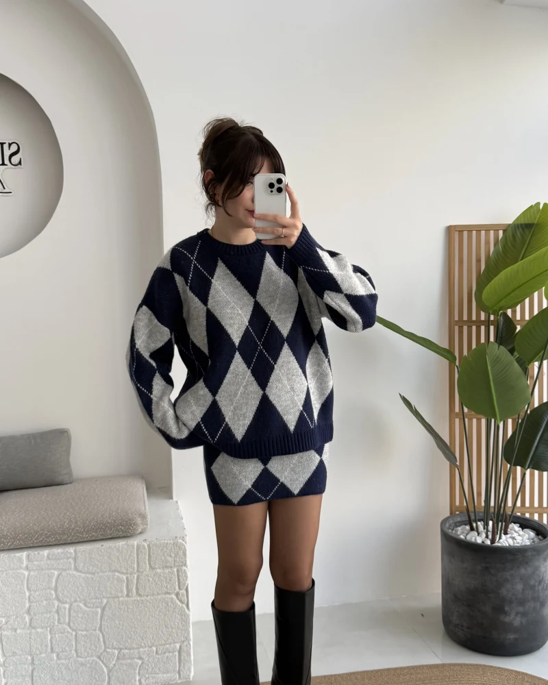 Stephen Baklava Desenli Kazak Mini Etek Takım - Lacivert