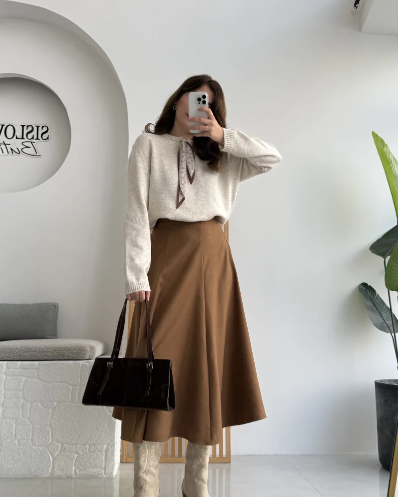 Süet Midi Etek Camel