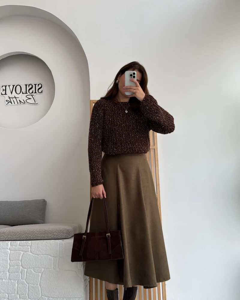 Süet Midi Etek Haki