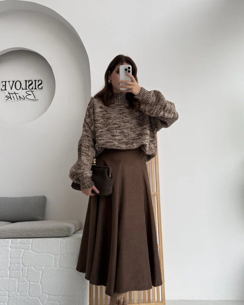 Süet Midi Etek Kahverengi