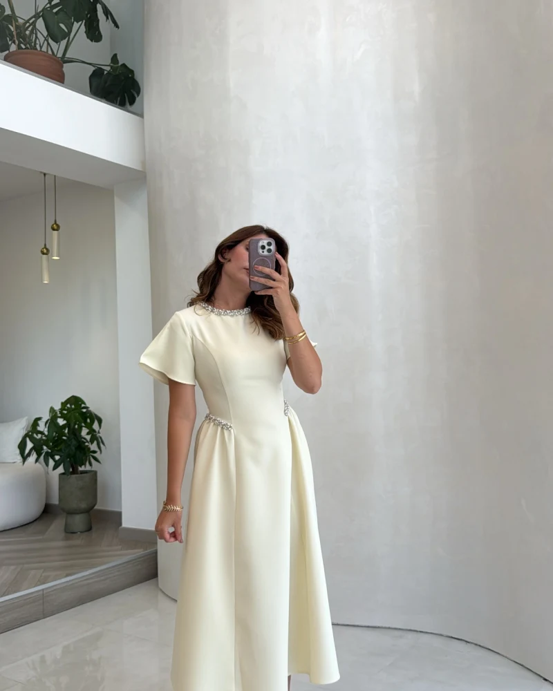 Taş Detay Midi Boy Elbise - Açık Sarı - Kod: 3220