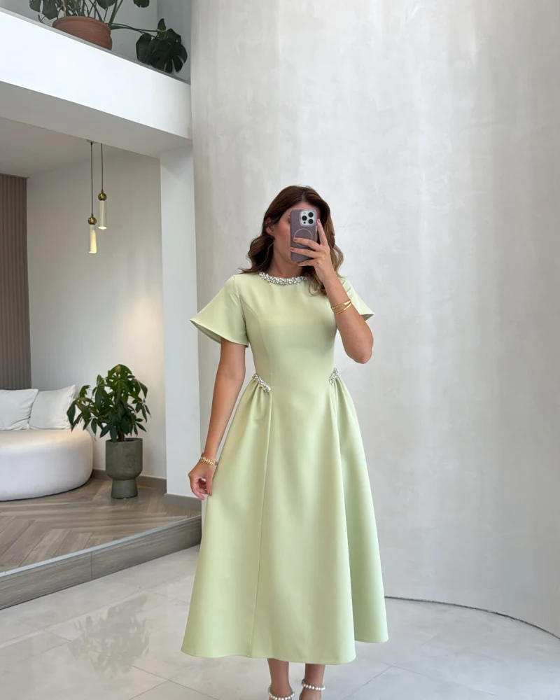 Taş Detay Midi Boy Elbise - Mint - Kod: 3220