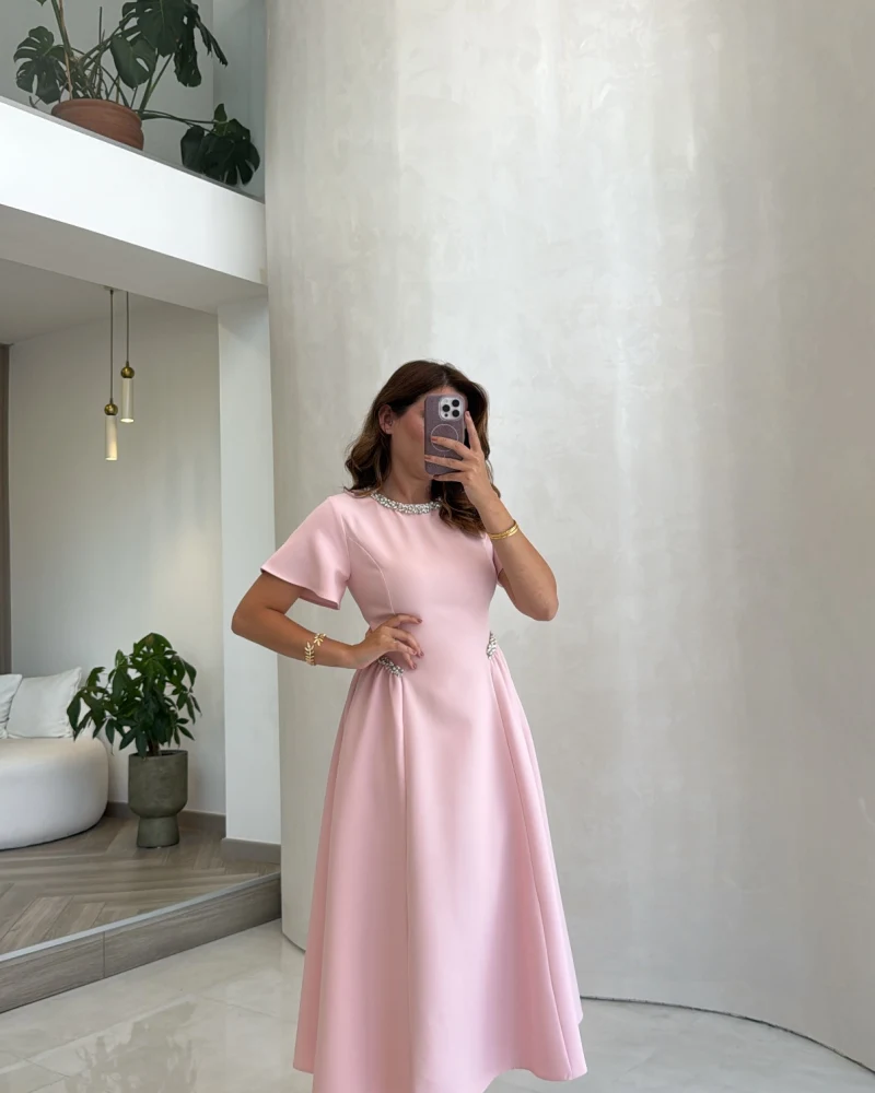 Taş Detay Midi Boy Elbise - Pembe - Kod: 3220