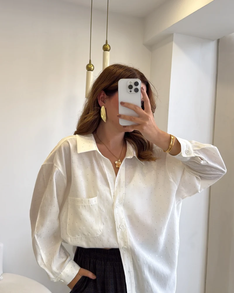 Taşlı Oversize Modal Gömlek - Beyaz - Kod: 5106