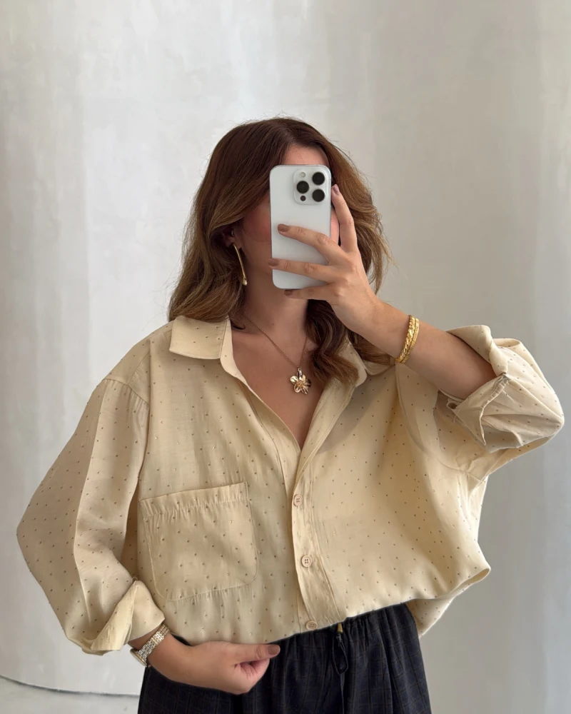 Taşlı Oversize Modal Gömlek - Gold - Kod: 5106