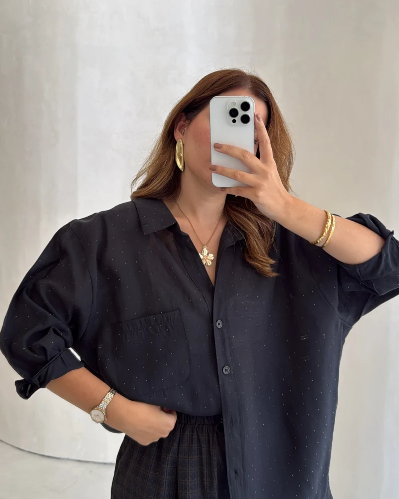 Taşlı Oversize Modal Gömlek - Siyah - Kod: 5106
