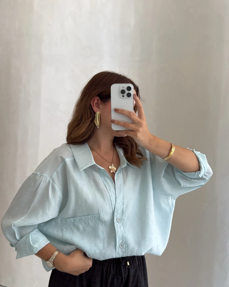Taşlı Oversize Modal Gömlek - Turkuaz - Kod: 5106