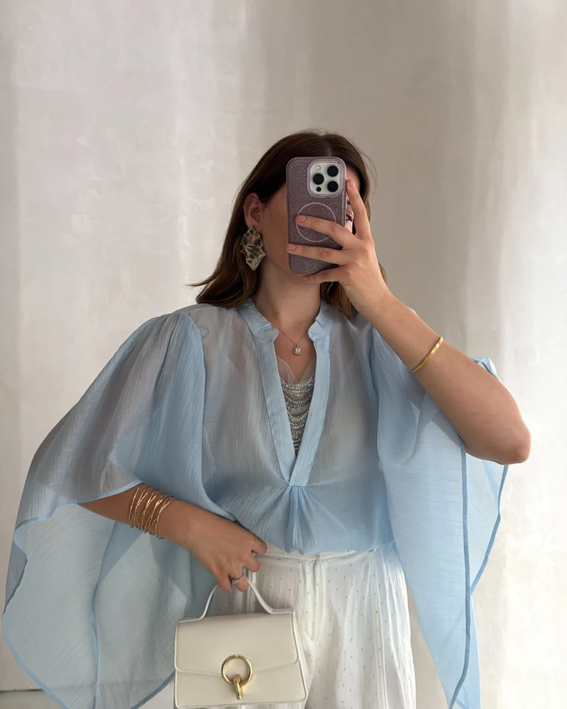 Taşlı Şifon Transparan Bluz - Mavi - Kod: 7839