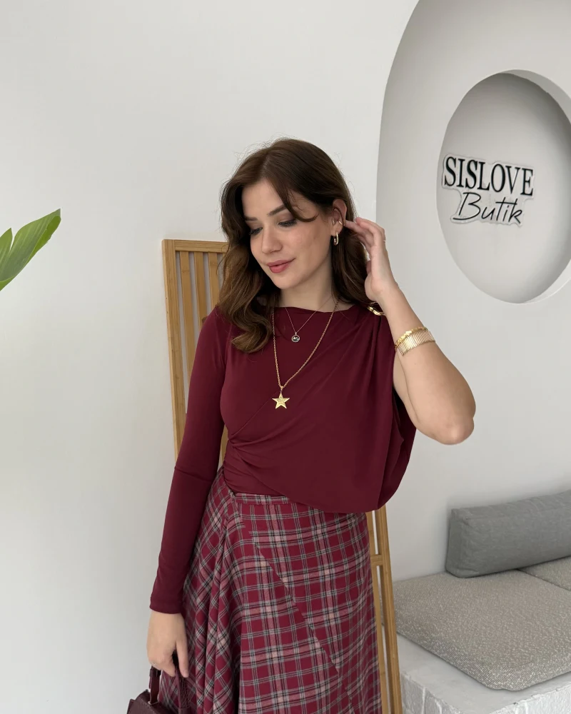 Tek Omuz Açık Aksesuar Detaylı Zıbın Bluz - Bordo