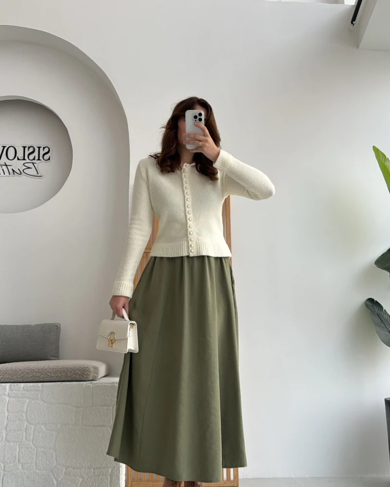 Tensel Modal Karışımlı Cepli Etek - Haki