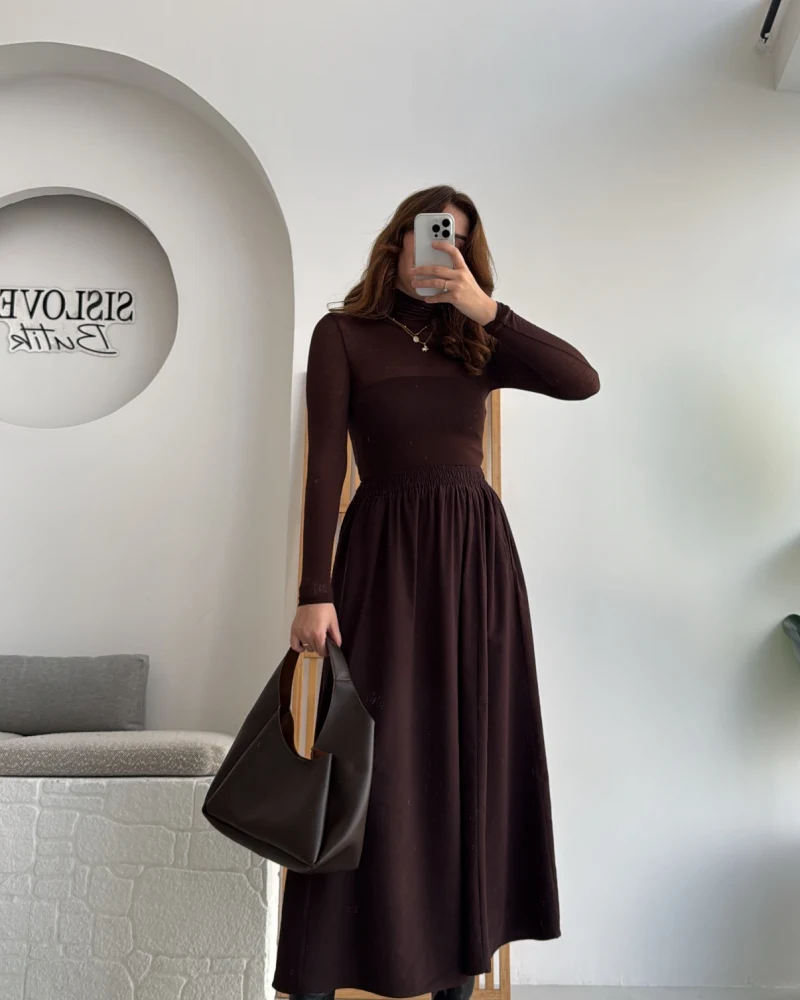 Tensel Modal Karışımlı Cepli Etek - Kahverengi