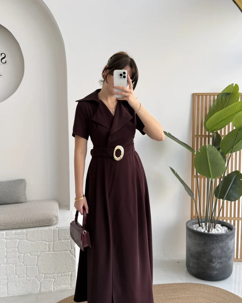 Tienne Kruvaze Yaka Toka Kemerli Elbise - Mürdüm - Kod: 2332