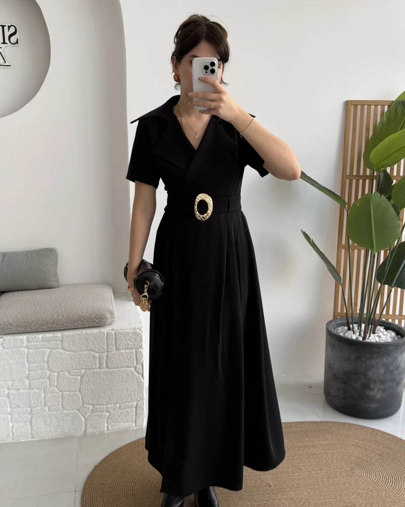 Tienne Kruvaze Yaka Toka Kemerli Elbise - Siyah - Kod: 2332