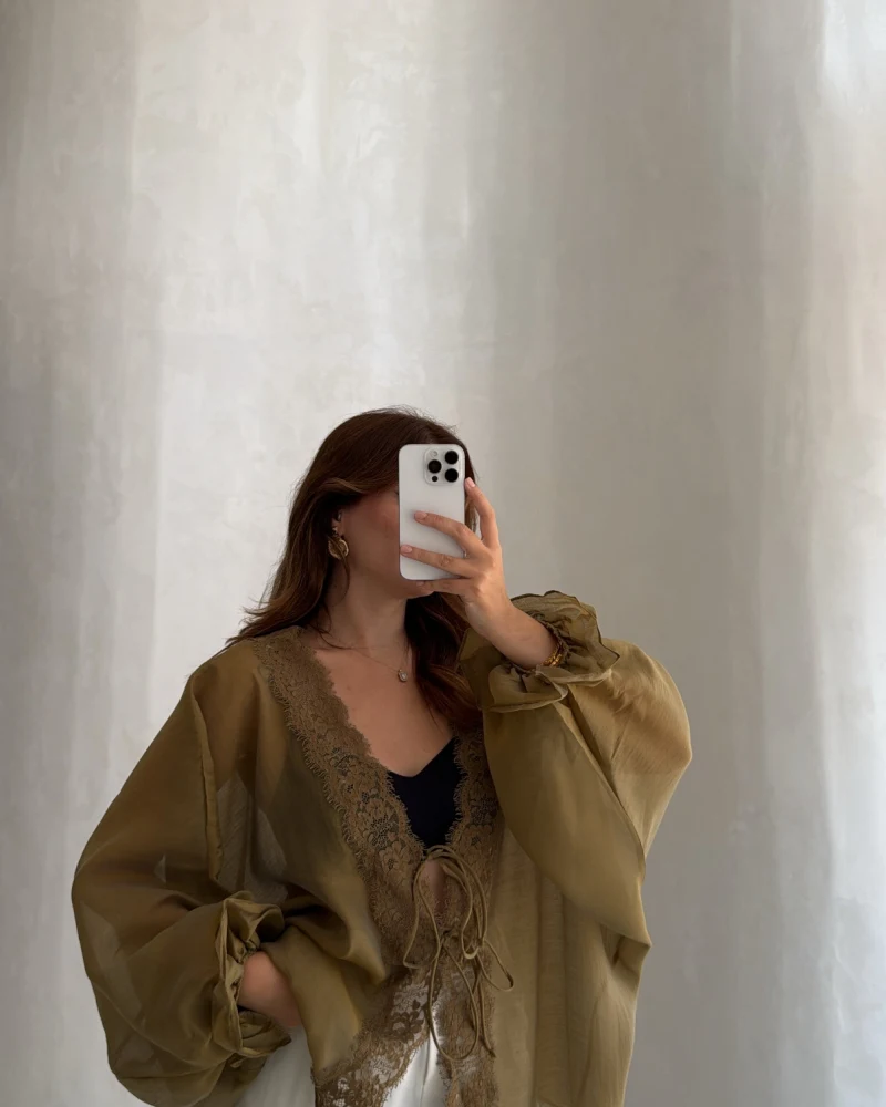 Transparan Dantelli Gömlek - Olive - Kod: 5108