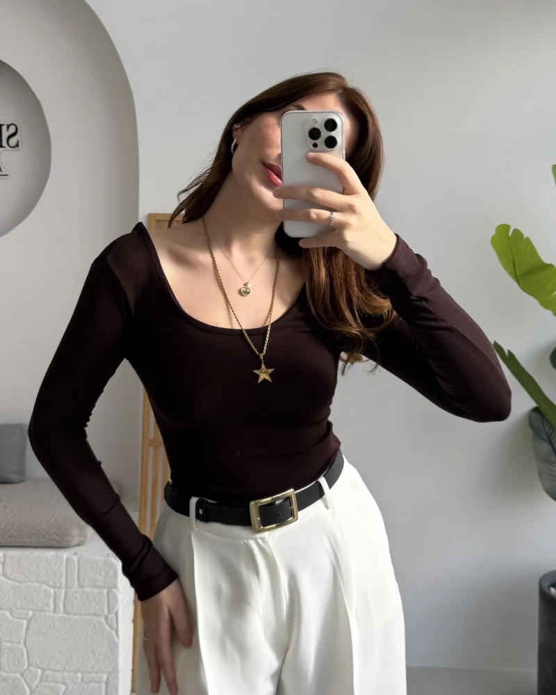 U Yaka Oys Uzun Kol Body - Acı Kahve