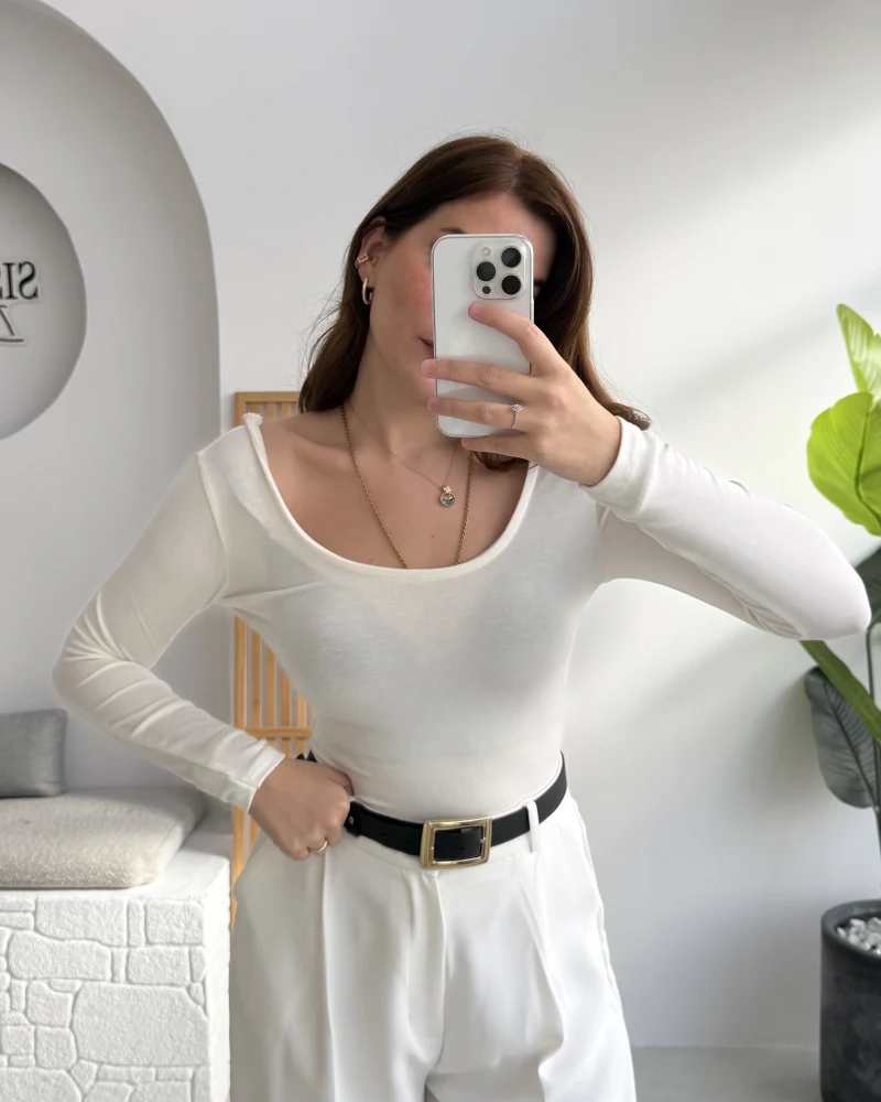 U Yaka Oys Uzun Kol Body - Ekru