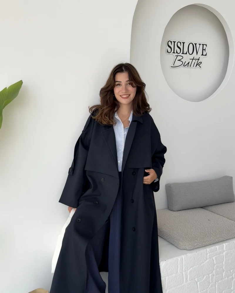 Ultra Premium Kuşaklı Trençkot - Lacivert - Kod: 9476