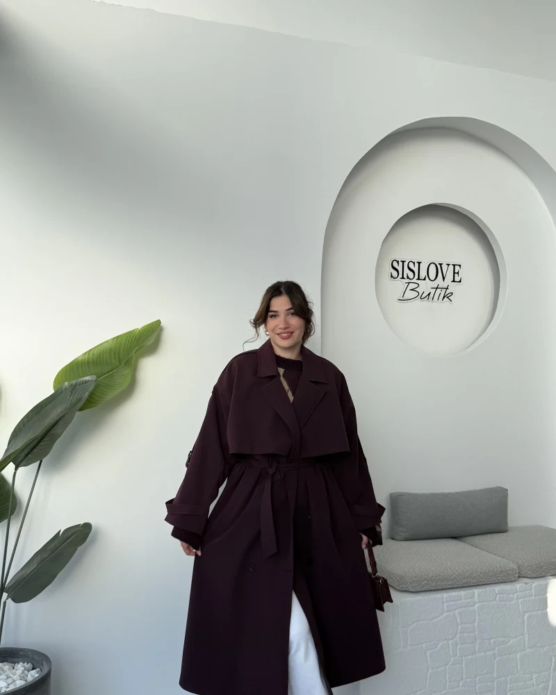 Ultra Premium Kuşaklı Trençkot - Mürdüm - Kod: 9476