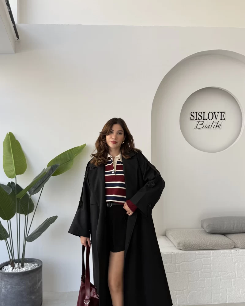 Ultra Premium Kuşaklı Trençkot - Siyah - Kod: 9476