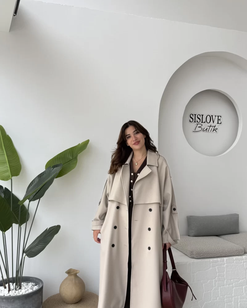 Ultra Premium Kuşaklı Trençkot - Taş - Kod: 9476