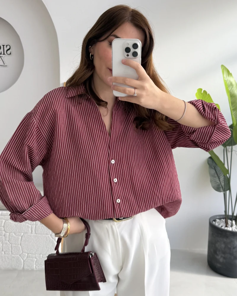 V Yaka Oversize Çizgili Gömlek - Bordo - Kod: 4906