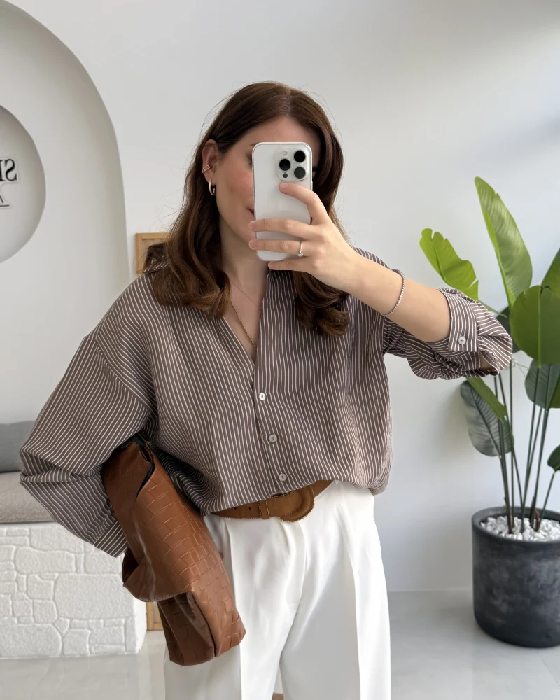 V Yaka Oversize Çizgili Gömlek - Kahve - Kod: 4906