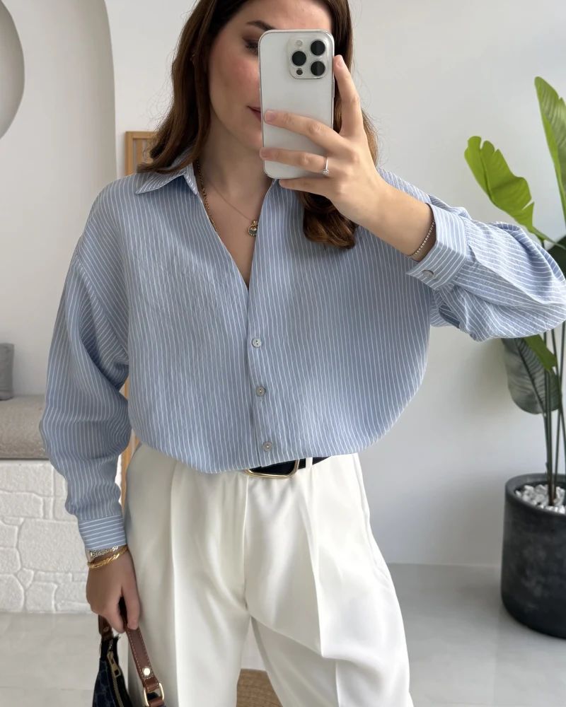V Yaka Oversize Çizgili Gömlek - Mavi - Kod: 4906