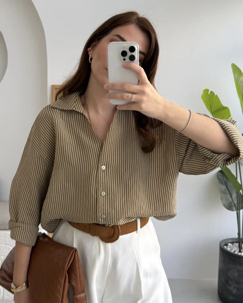 V Yaka Oversize Çizgili Gömlek - Olive - Kod: 4906