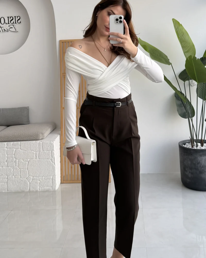 Valentina Dar Paça Kemerli Pantolon - Acı Kahve - Kod: 3790