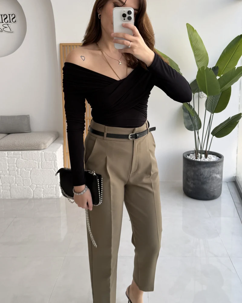 Valentina Dar Paça Kemerli Pantolon - Haki - Kod: 3790