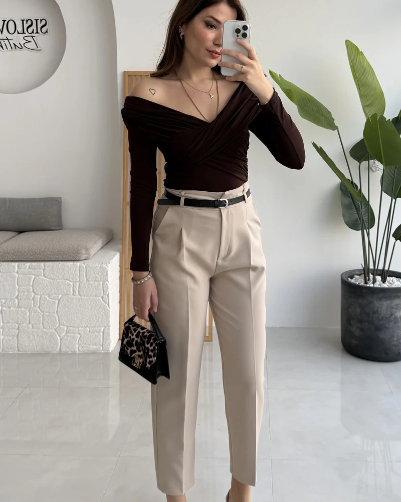 Valentina Dar Paça Kemerli Pantolon - Taş - Kod: 3790