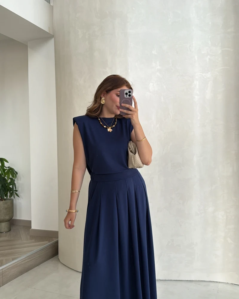 Vatkalı Etekli Bluz Takım - Lacivert - Kod: 4125