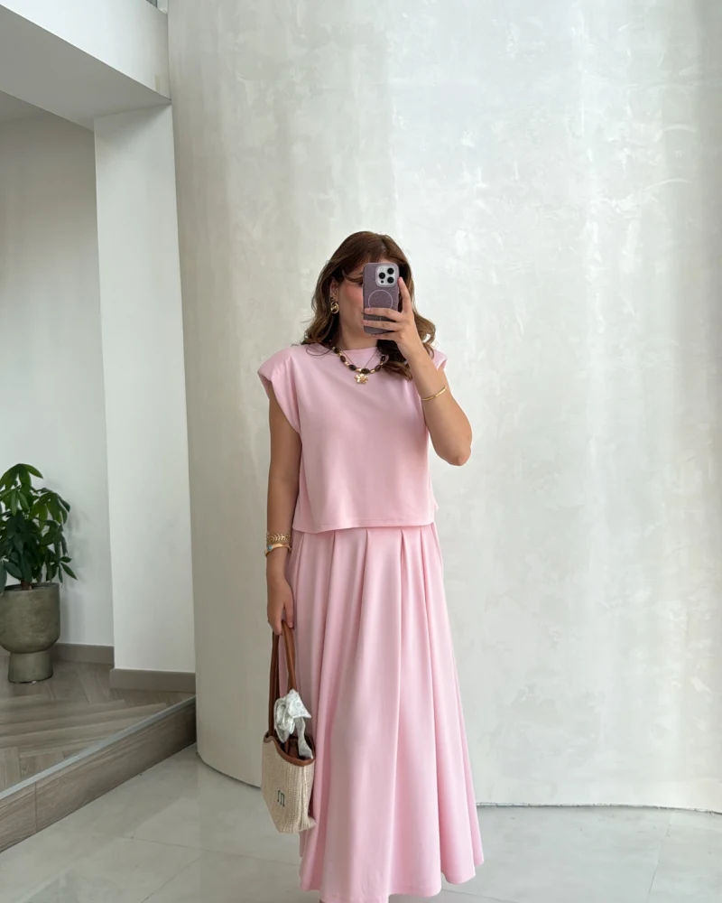 Vatkalı Etekli Bluz Takım - Pembe - Kod: 4125