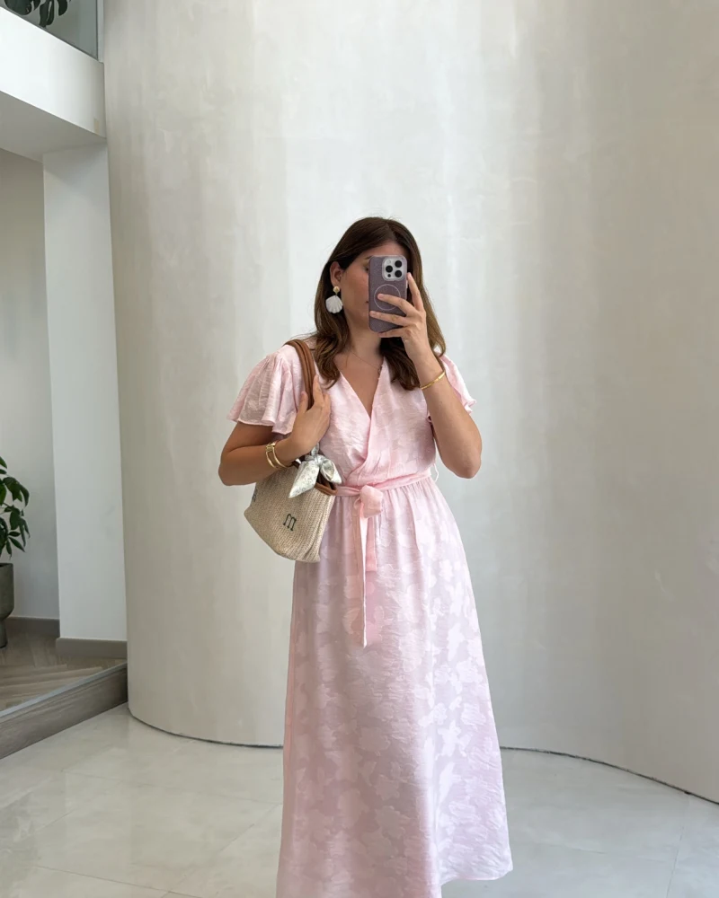 Velina Kruvaze Yaka Kuşaklı Elbise - Pembe - Kod: 3113