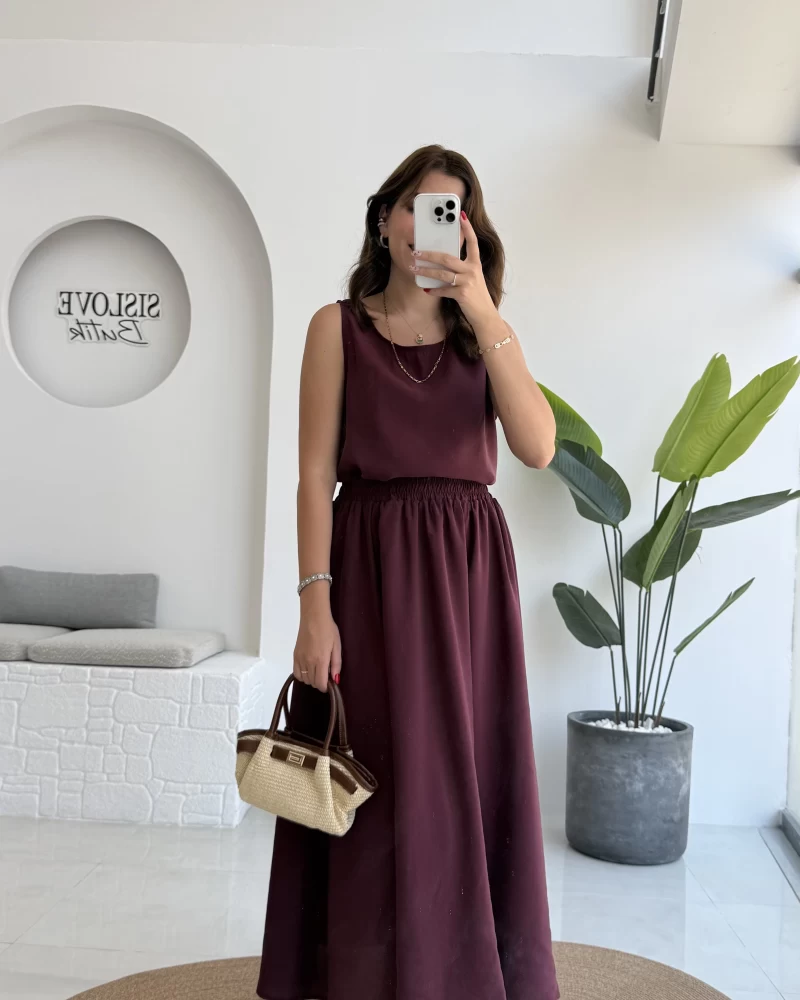 Velma Kalın Askılı Bluz Midi Etek Takım - Bordo