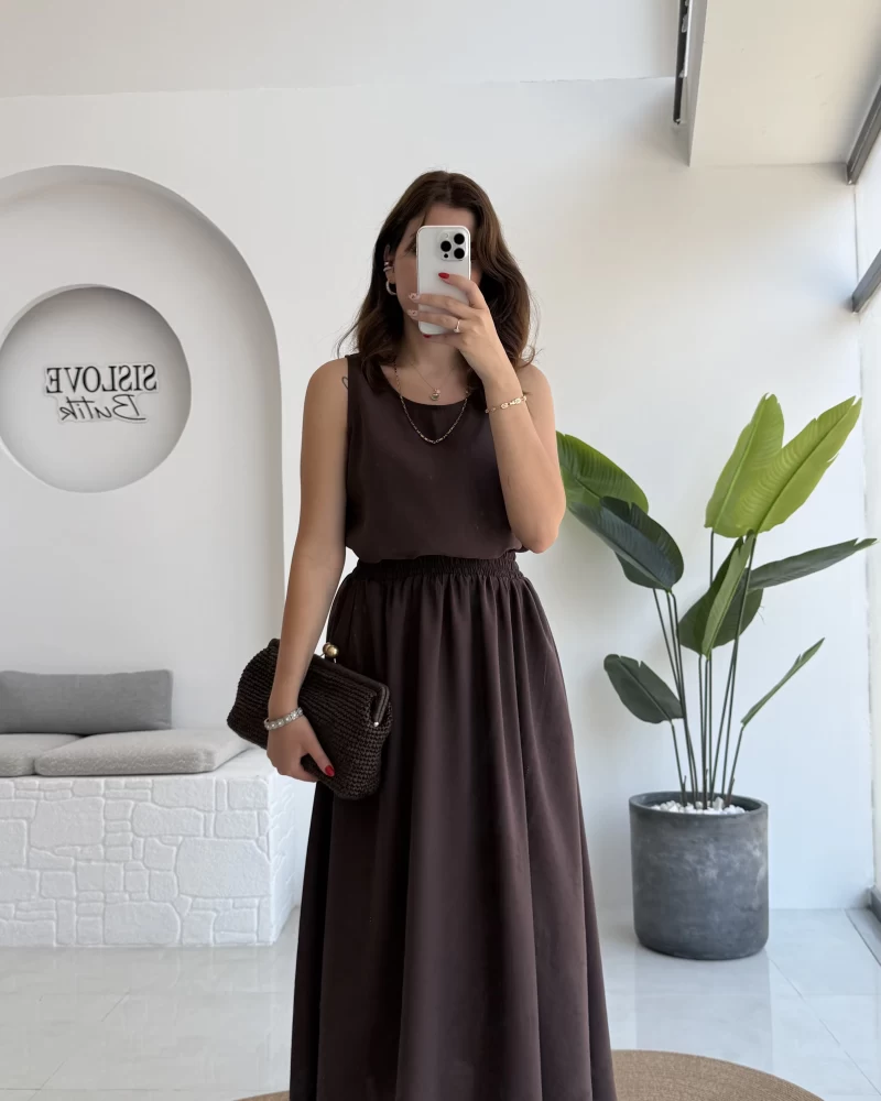 Velma Kalın Askılı Bluz Midi Etek Takım - Kahve