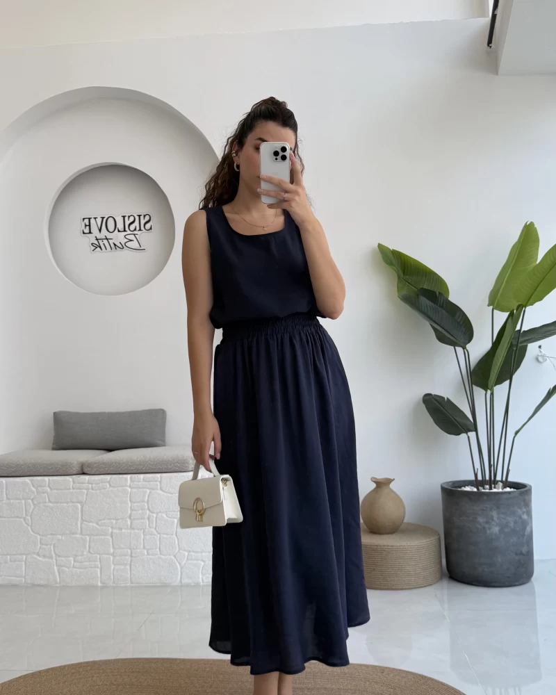 Velma Kalın Askılı Bluz Midi Etek Takım - Lacivert